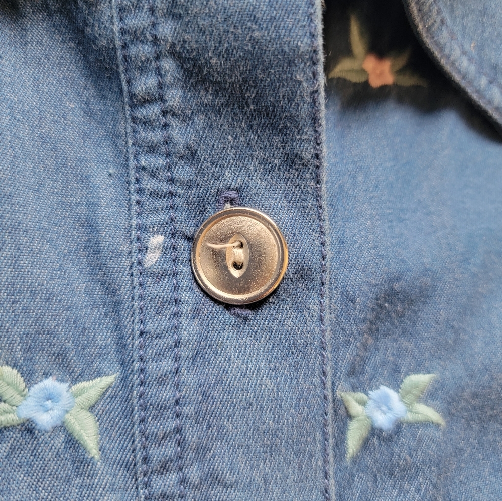 Embroidered Denim Button-Up Shirt Jacket With Subtle Rhinestones - Picture 12 of 16
